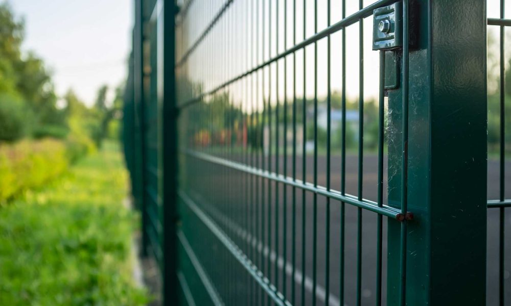 corner perspective of a green metal fence around a basketball court